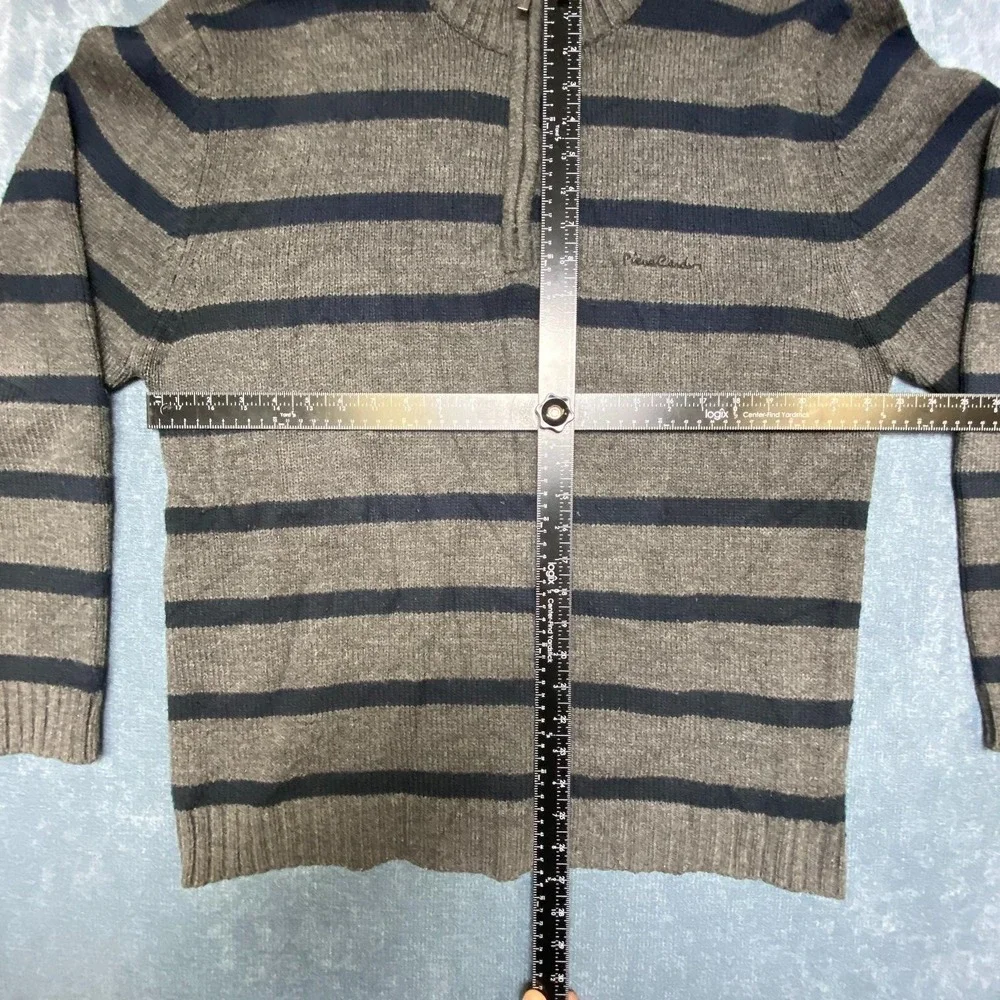 Pierre Cardin Sweater Mens XL Blue Gray Striped Acrylic Quarter Zip Tight Knit